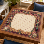 Christmas Mahjong mat with cream lattice center, burgundy drapery, nutcrackers and gold-tone scrollwork on a wooden game table