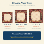 Size guide for the Burgundy Nutcracker Christmas Mahjong Mat Ornate: 26 x 26, 31.5 x 31.5 and 33 x 33 inches