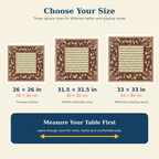 Size guide for the Vintage Ornament Christmas Mahjong Mat Harlequin: 26 x 26, 31.5 x 31.5 and 33 x 33 inches