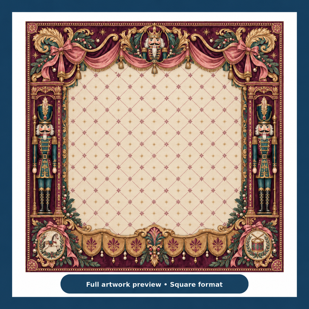 Full artwork preview of the Christmas Mahjong mat with cream lattice center, burgundy drapery, nutcrackers and gold-tone scrollwork