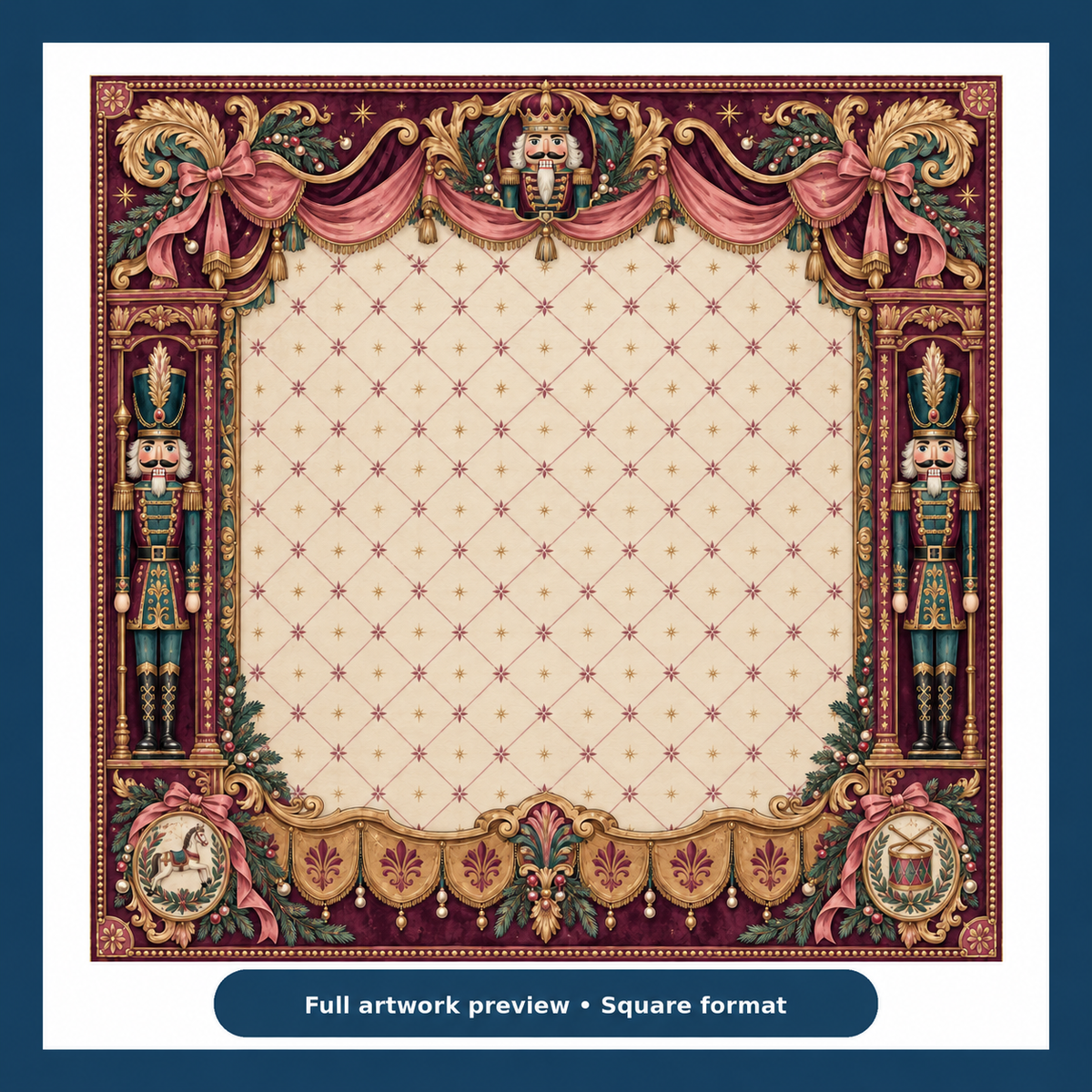 Full artwork preview of the Christmas Mahjong mat with cream lattice center, burgundy drapery, nutcrackers and gold-tone scrollwork