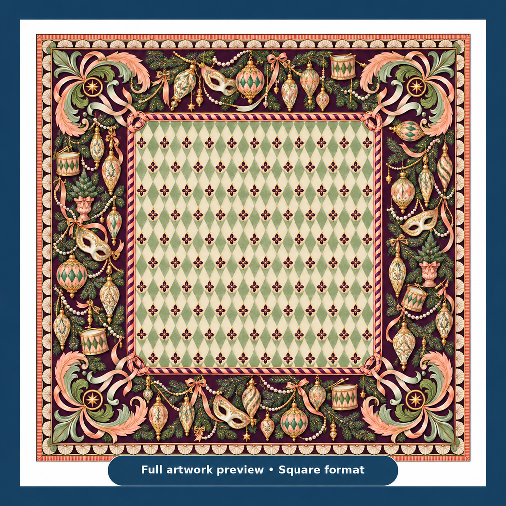 Full artwork preview of the Christmas Mahjong mat with pale green harlequin center, vintage ornaments, decorative masks and pink scrollwork