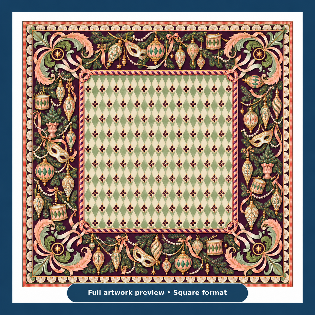 Full artwork preview of the Christmas Mahjong mat with pale green harlequin center, vintage ornaments, decorative masks and pink scrollwork