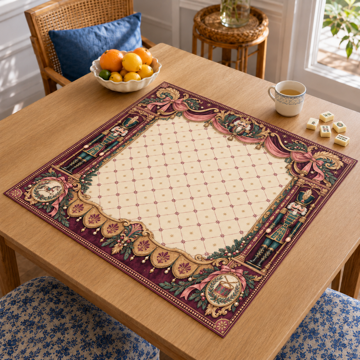 Angled table view of the Christmas Mahjong mat with cream lattice center, burgundy drapery, nutcrackers and gold-tone scrollwork