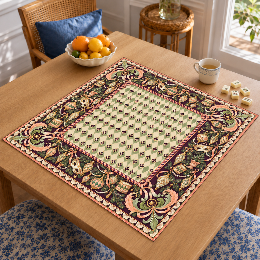 Angled table view of the Christmas Mahjong mat with pale green harlequin center, vintage ornaments, decorative masks and pink scrollwork
