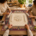 Mahjong game in progress on the Christmas mat with cream lattice center, burgundy drapery, nutcrackers and gold-tone scrollwork
