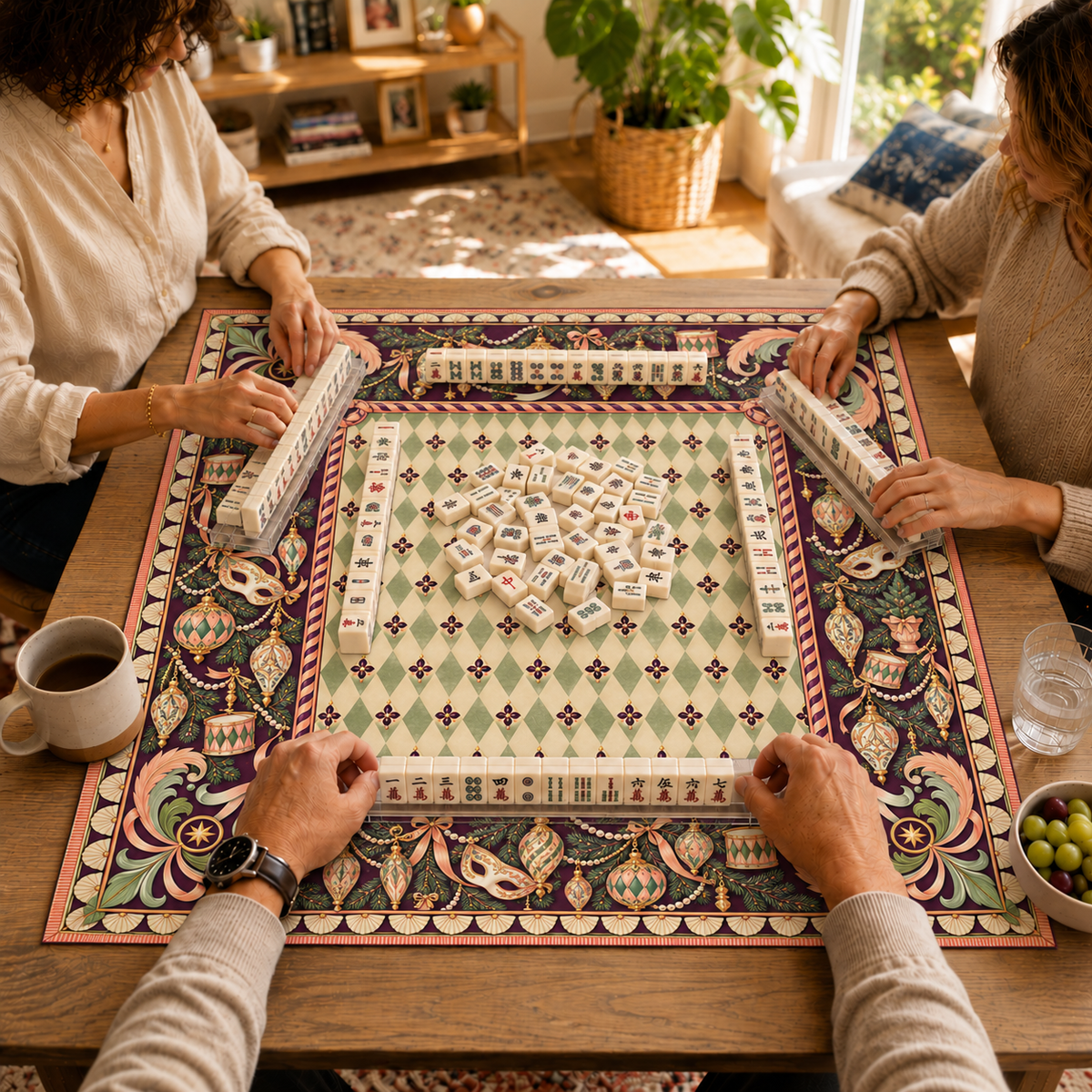Mahjong game in progress on the Christmas mat with pale green harlequin center, vintage ornaments, decorative masks and pink scrollwork