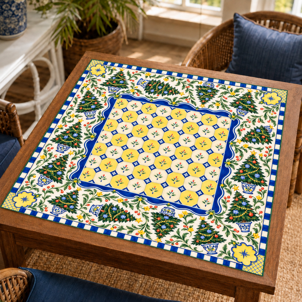 Christmas Mahjong mat with blue-and-yellow tile-style center, Christmas trees, leafy branches and floral corners on a wooden game table