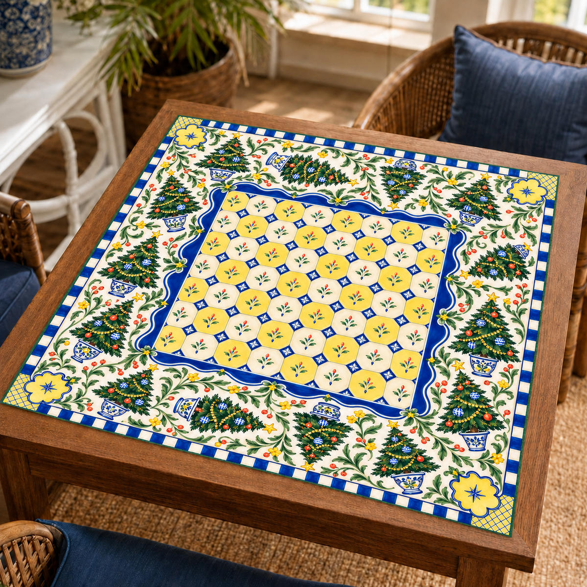 Christmas Mahjong mat with blue-and-yellow tile-style center, Christmas trees, leafy branches and floral corners on a wooden game table