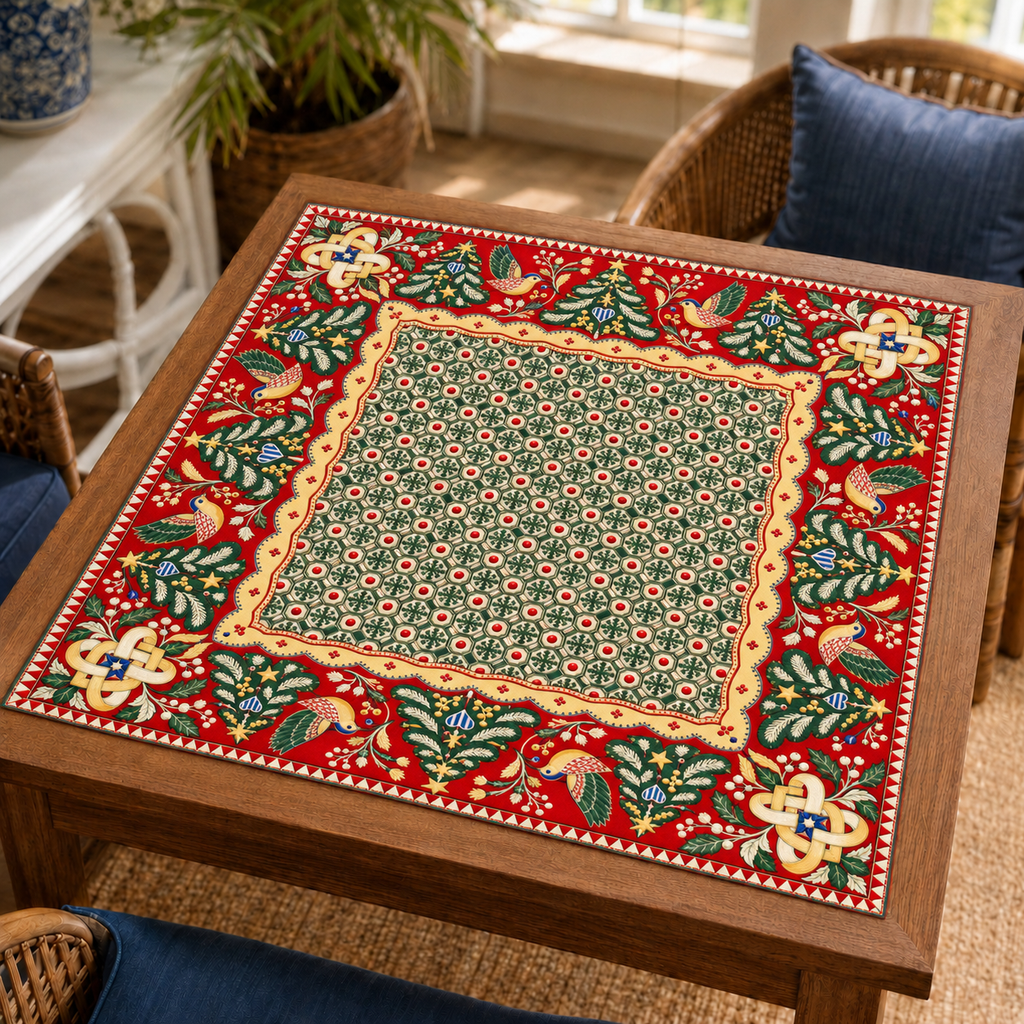 Christmas Mahjong mat with green geometric center, red folk art border, stylized birds and Christmas trees on a wooden game table