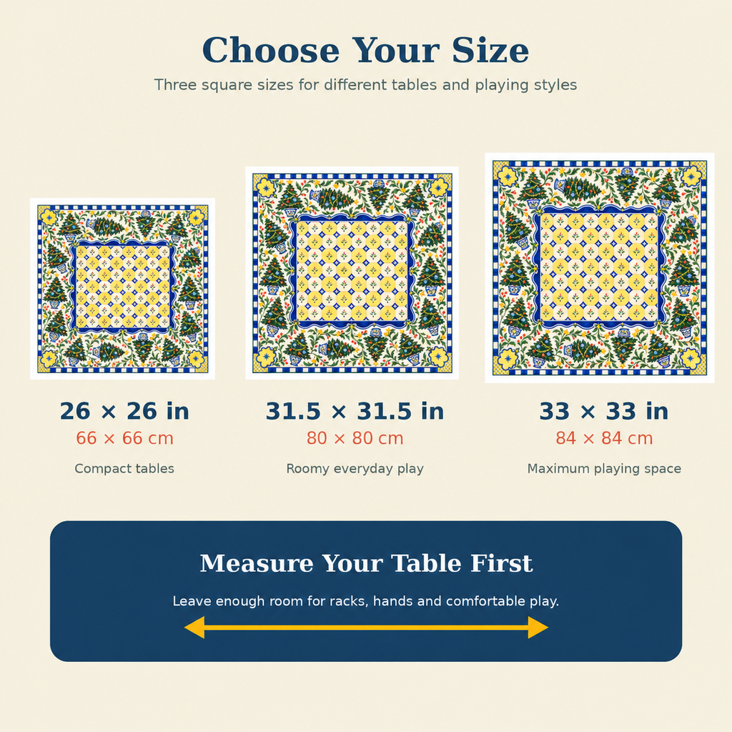 Size guide for the Blue & Yellow Christmas Tree Mahjong Mat Tile Print: 26 x 26, 31.5 x 31.5 and 33 x 33 inches
