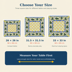 Size guide for the Blue & Yellow Christmas Tree Mahjong Mat Tile Print: 26 x 26, 31.5 x 31.5 and 33 x 33 inches