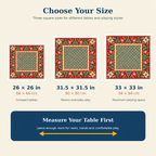 Size guide for the Red Folk Art Christmas Mahjong Mat Birds & Trees: 26 x 26, 31.5 x 31.5 and 33 x 33 inches