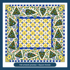 Full artwork preview of the Christmas Mahjong mat with blue-and-yellow tile-style center, Christmas trees, leafy branches and floral corners