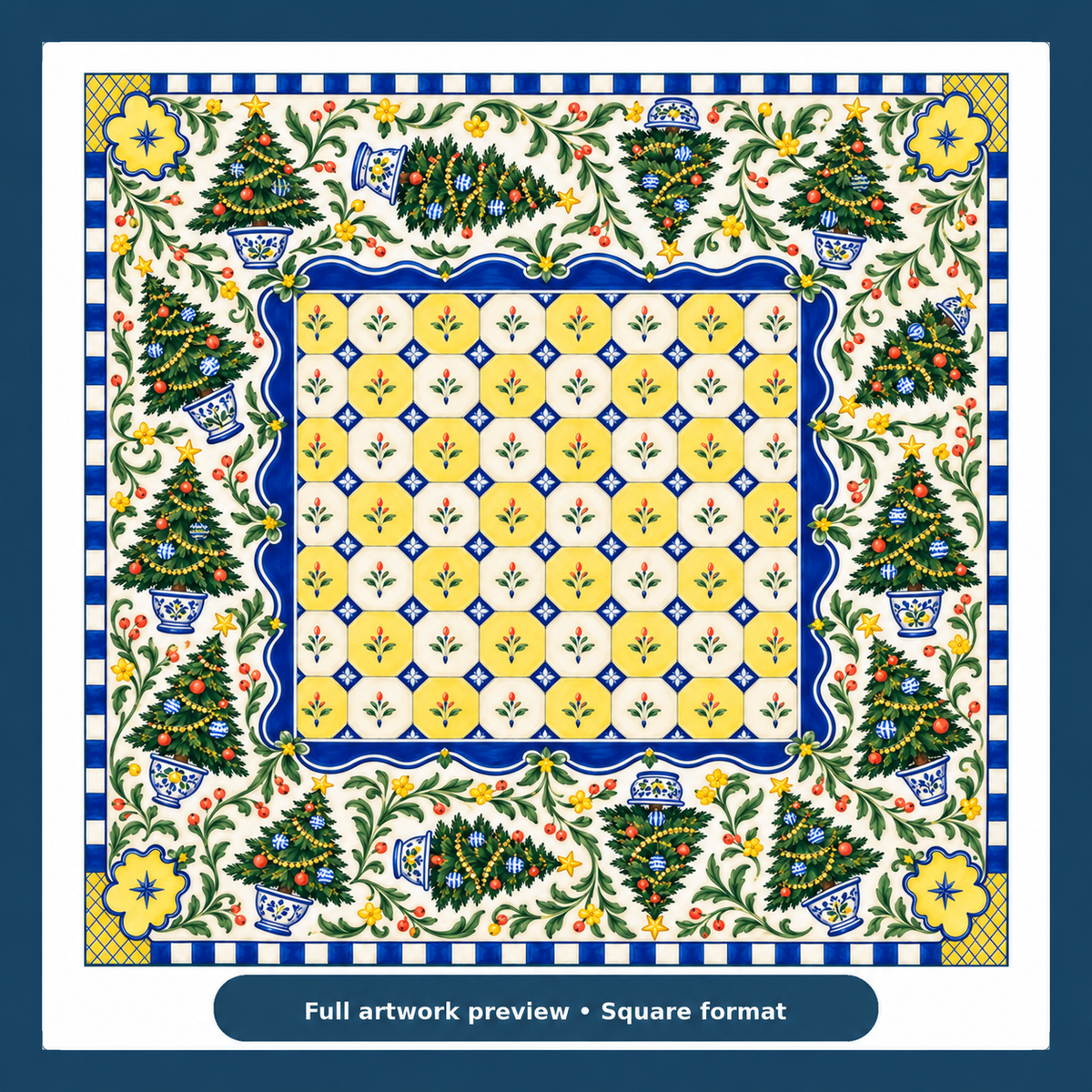 Full artwork preview of the Christmas Mahjong mat with blue-and-yellow tile-style center, Christmas trees, leafy branches and floral corners