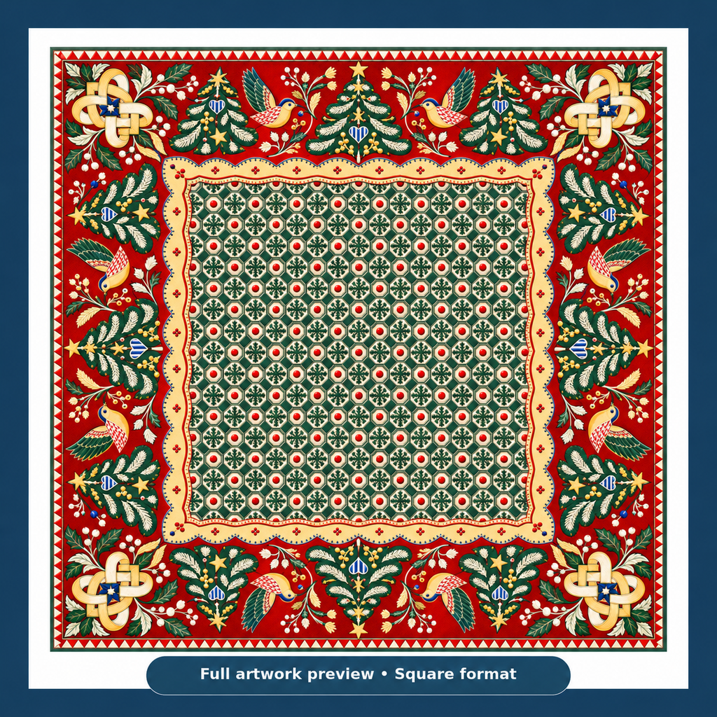 Full artwork preview of the Christmas Mahjong mat with green geometric center, red folk art border, stylized birds and Christmas trees