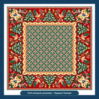 Full artwork preview of the Christmas Mahjong mat with green geometric center, red folk art border, stylized birds and Christmas trees