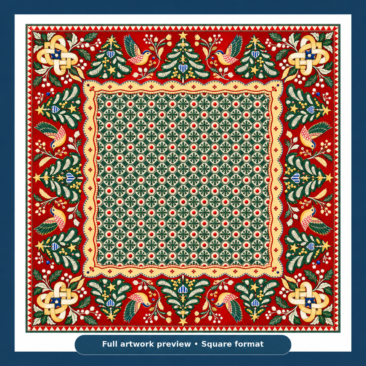 Full artwork preview of the Christmas Mahjong mat with green geometric center, red folk art border, stylized birds and Christmas trees