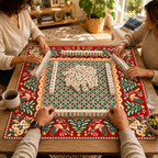 Mahjong game in progress on the Christmas mat with green geometric center, red folk art border, stylized birds and Christmas trees