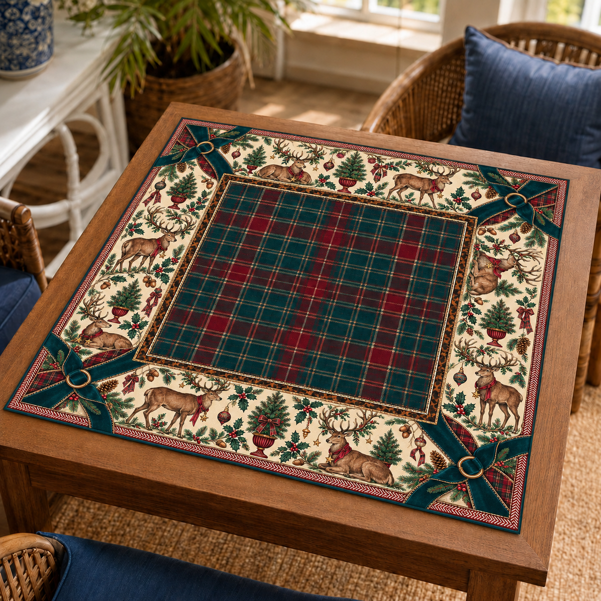 Christmas Mahjong mat with red-and-green tartan center, deer, holly, Christmas trees and dark green corner bows on a wooden game table