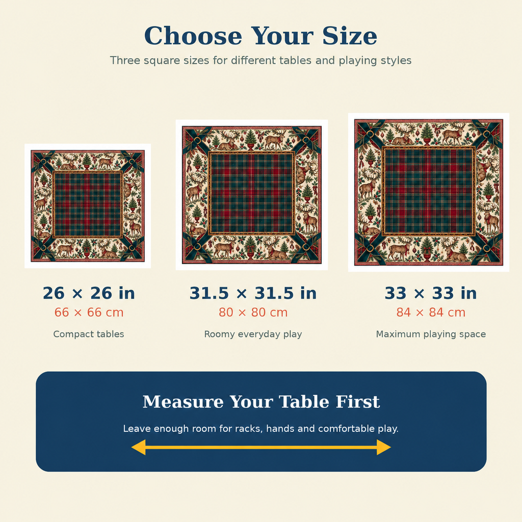 Size guide for the Tartan Deer Christmas Mahjong Mat Red & Green: 26 x 26, 31.5 x 31.5 and 33 x 33 inches