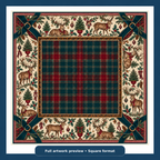Full artwork preview of the Christmas Mahjong mat with red-and-green tartan center, deer, holly, Christmas trees and dark green corner bows