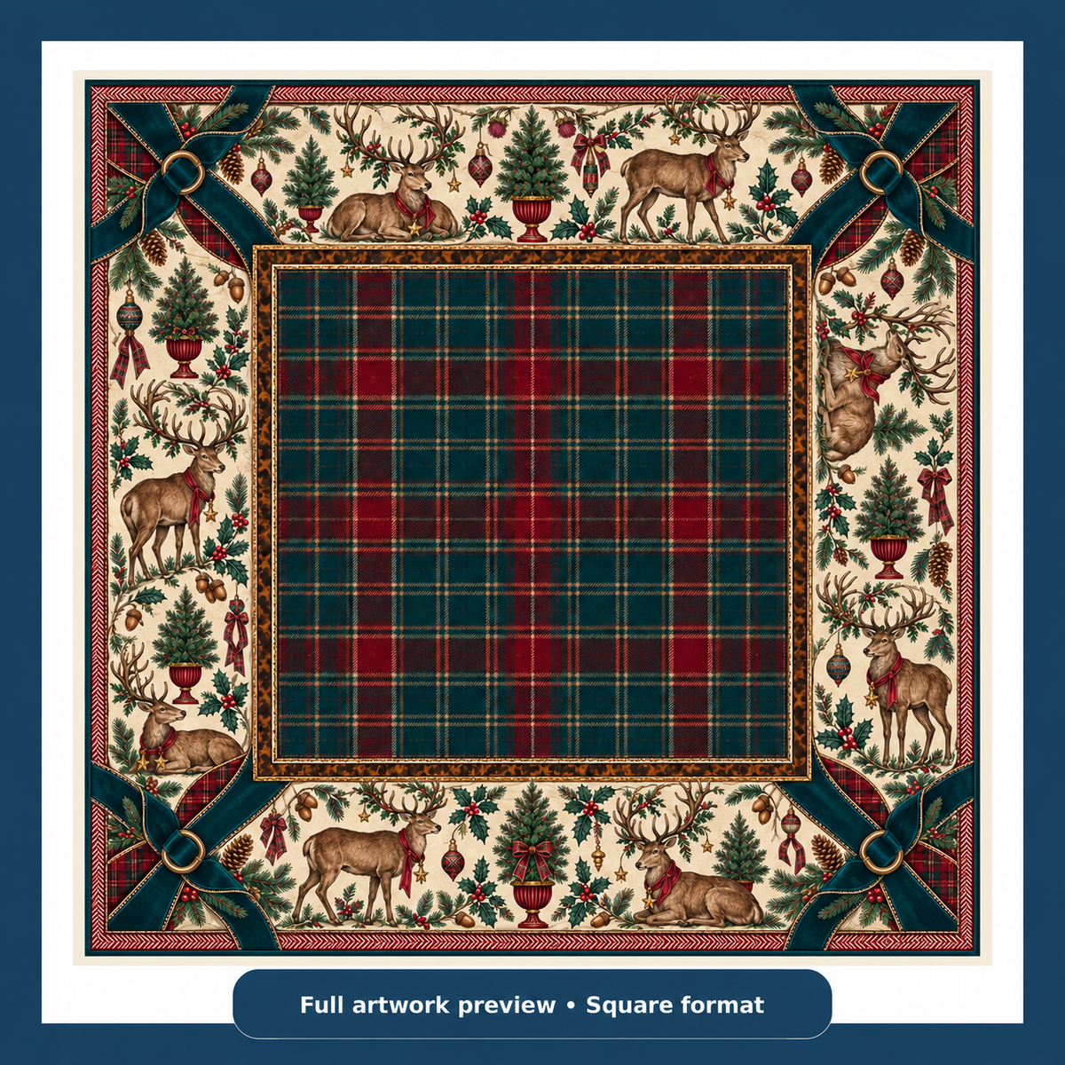 Full artwork preview of the Christmas Mahjong mat with red-and-green tartan center, deer, holly, Christmas trees and dark green corner bows