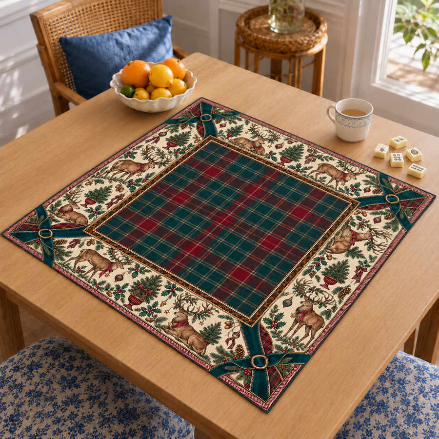 Angled table view of the Christmas Mahjong mat with red-and-green tartan center, deer, holly, Christmas trees and dark green corner bows