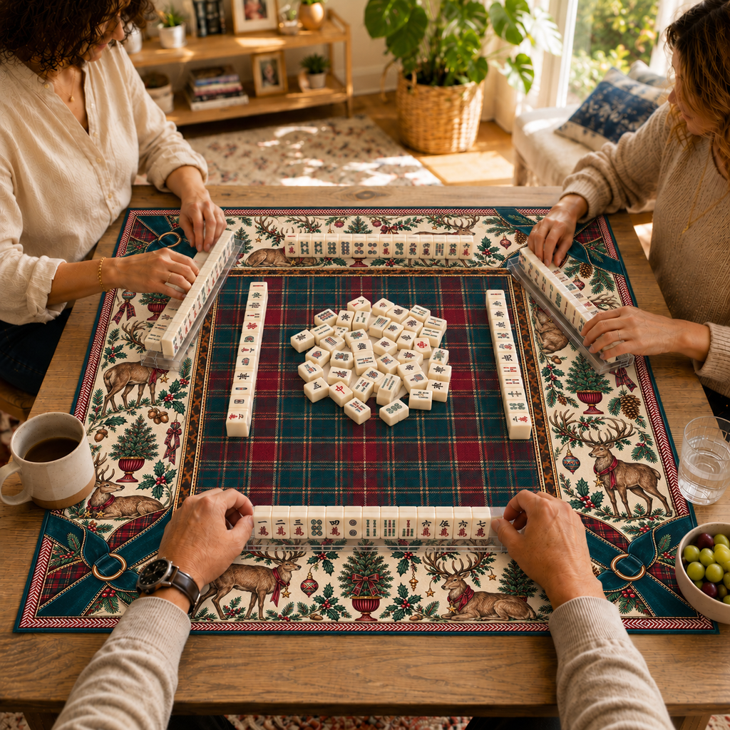Mahjong game in progress on the Christmas mat with red-and-green tartan center, deer, holly, Christmas trees and dark green corner bows