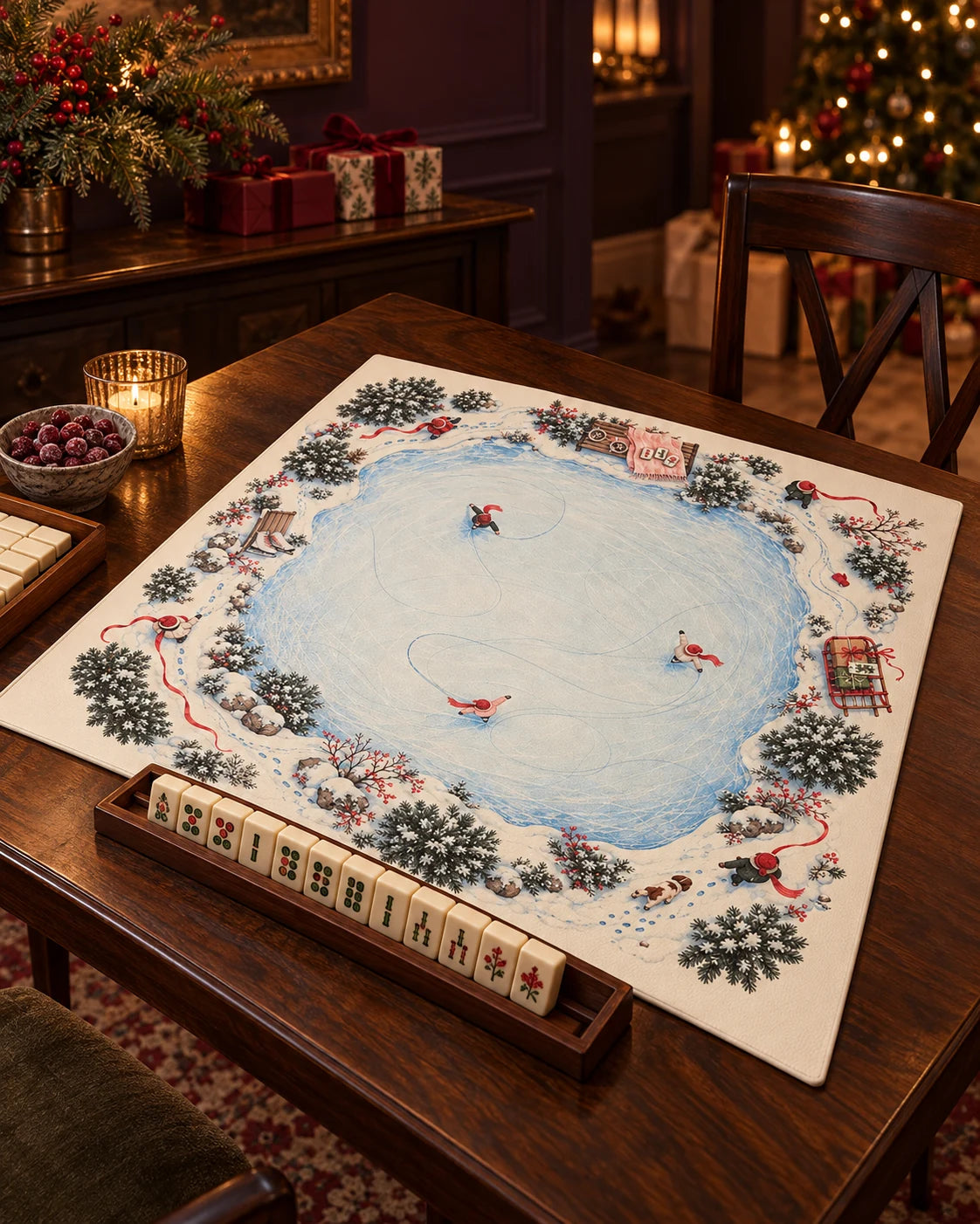 Editorial setting featuring Winter Skating Pond Christmas Mahjong Mat Snowy Landscape Vegan Leather