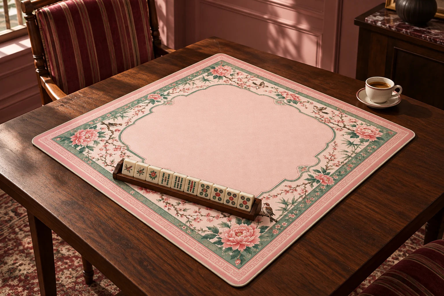 Editorial setting featuring Pink Chinoiserie Mahjong Mat – Peony Bird | Vegan Leather