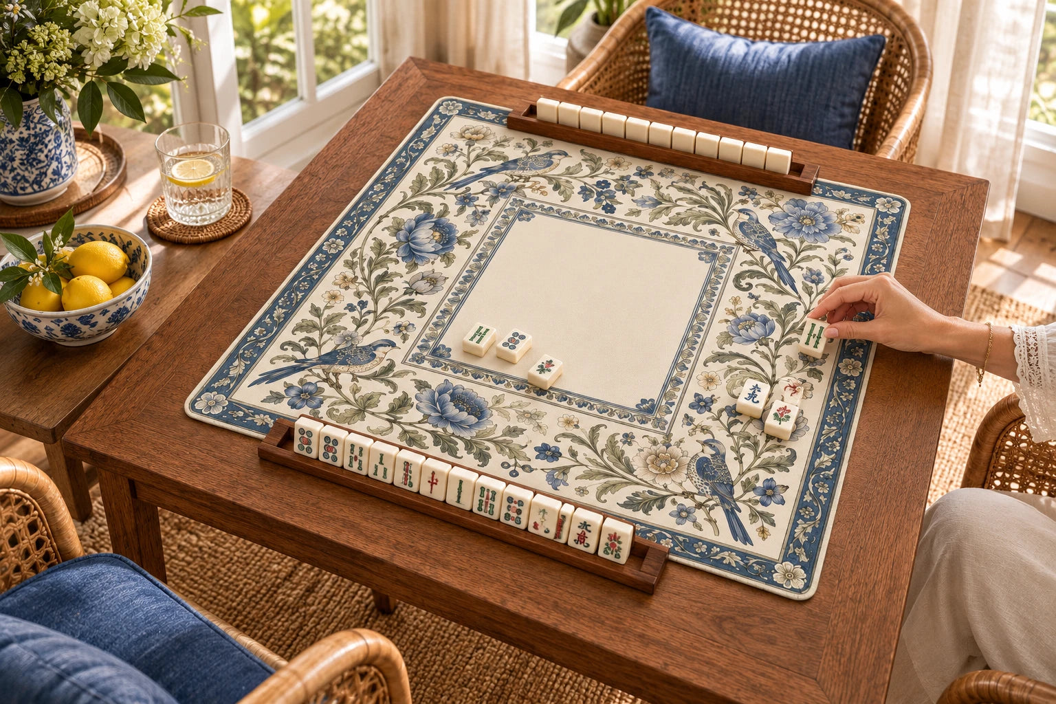 Delft Blue Songbird Mahjong mat on a sunlit game table
