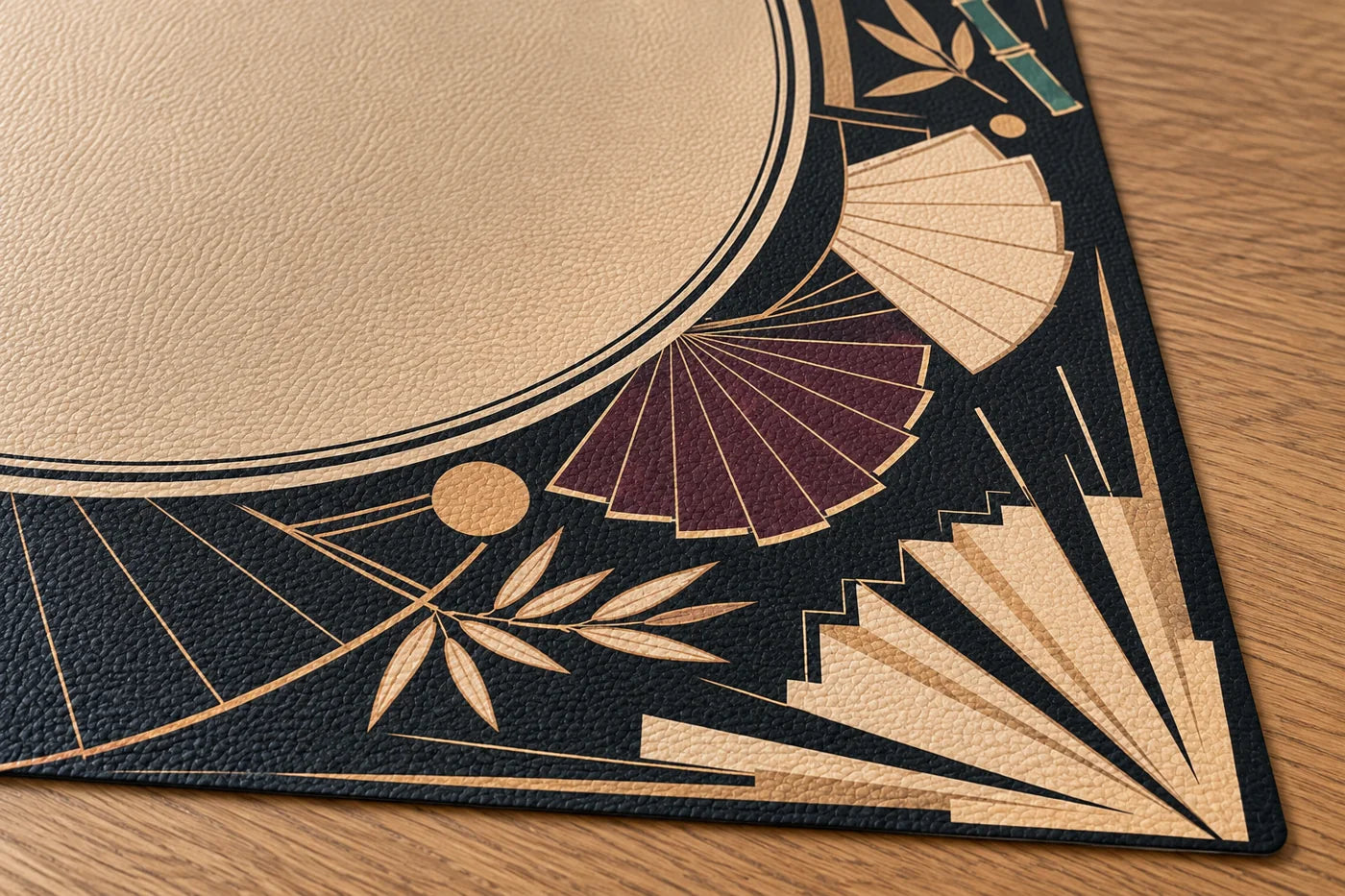Black and gold Art Deco vegan leather Mahjong mat detail