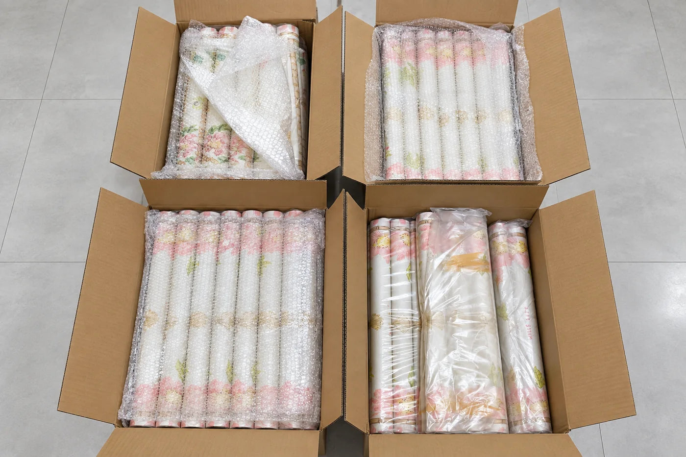 Individually rolled Mahjong mats protected and packed in shipping cartons