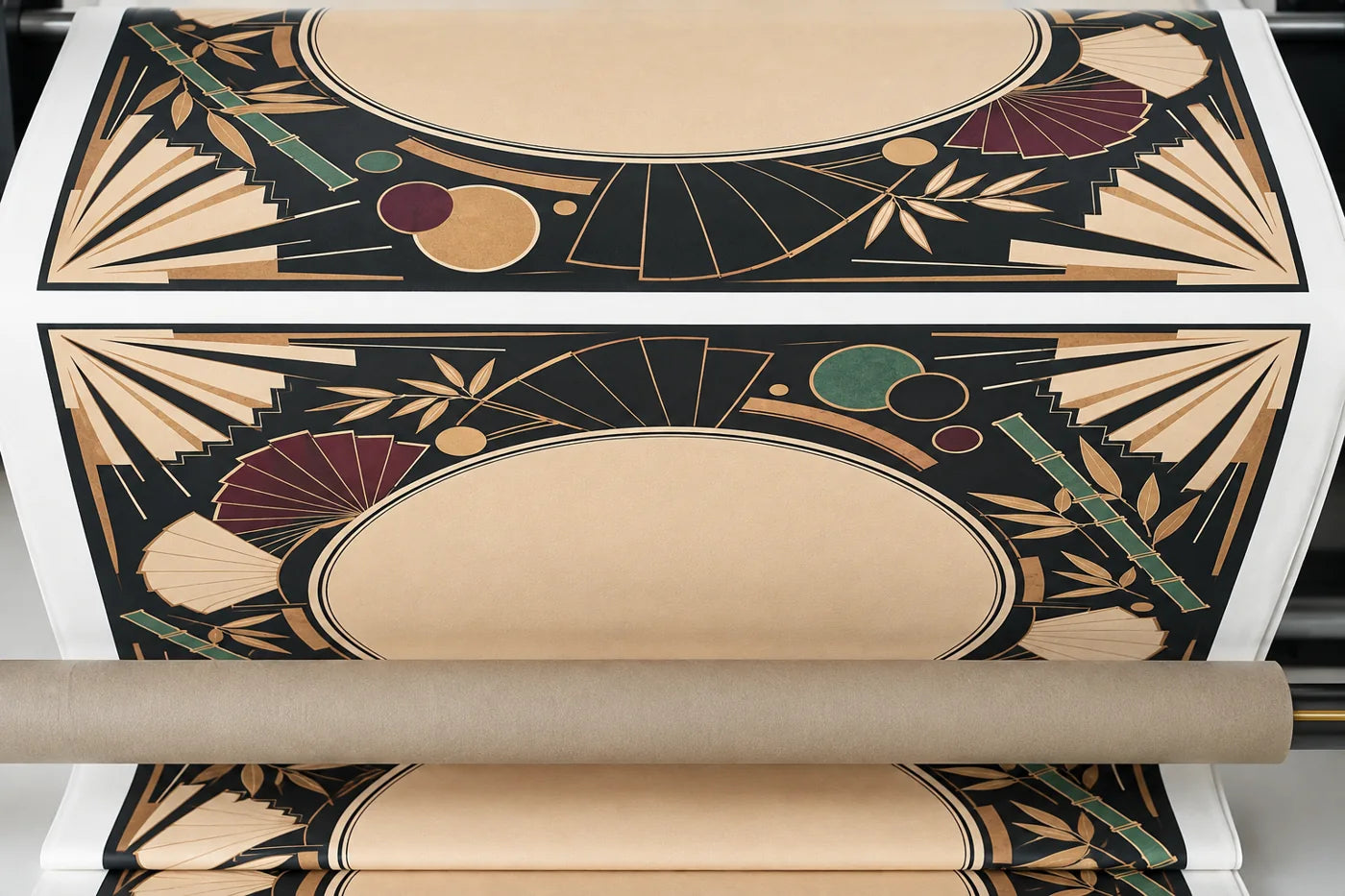 Art Deco Mahjong mat designs printed on a continuous sheet during production