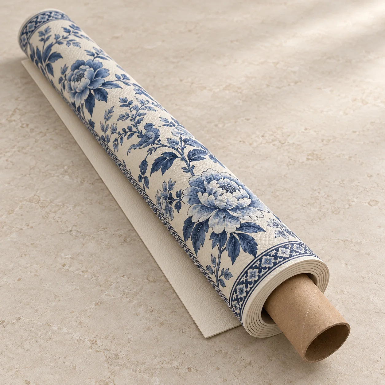 Blue floral Mahjong mat individually rolled around a cardboard core